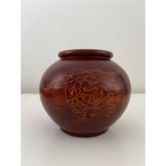 Other - Vintage Wooden Hand‎ Turned Vase with carved grape design - 6"
